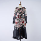 Women's Crew-Neck Floral Lace Rhinestone Belted Long-Sleeve A-Line Maxi Dress