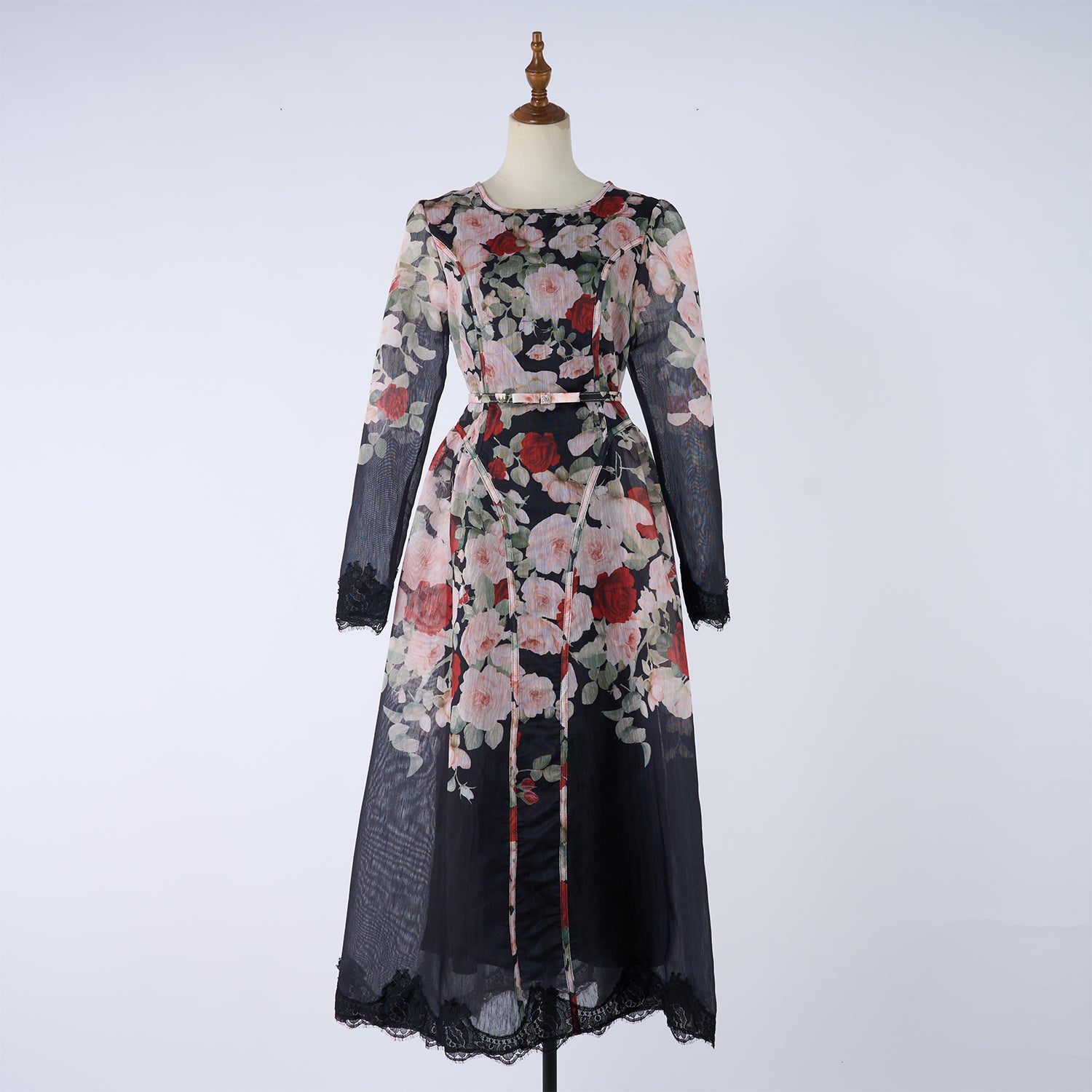 Women's Crew-Neck Floral Lace Rhinestone Belted Long-Sleeve A-Line Maxi Dress