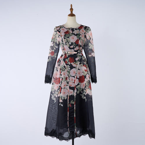 Women's Crew-Neck Floral Lace Rhinestone Belted Long-Sleeve A-Line Maxi Dress