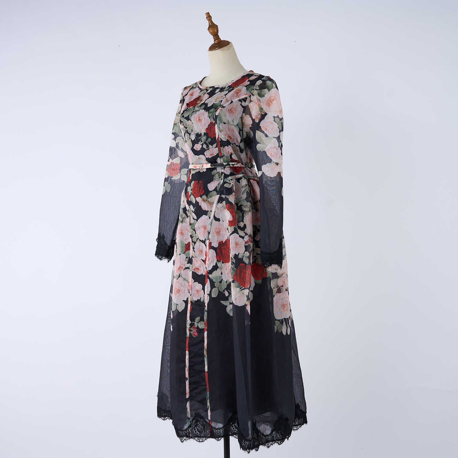 Women's Crew-Neck Floral Lace Rhinestone Belted Long-Sleeve A-Line Maxi Dress