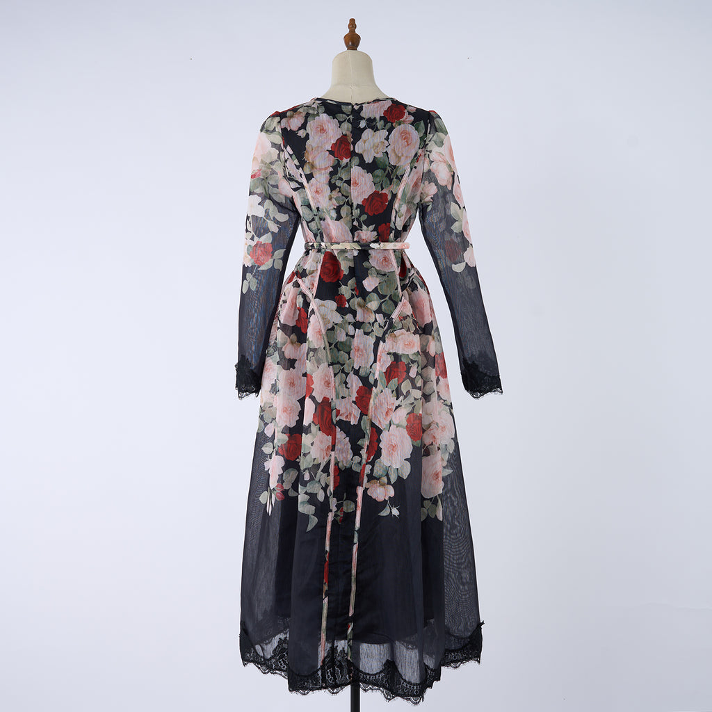 Women's Crew-Neck Floral Lace Rhinestone Belted Long-Sleeve A-Line Maxi Dress