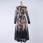 Women's Crew-Neck Floral Lace Rhinestone Belted Long-Sleeve A-Line Maxi Dress