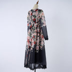 Women's Crew-Neck Floral Lace Rhinestone Belted Long-Sleeve A-Line Maxi Dress