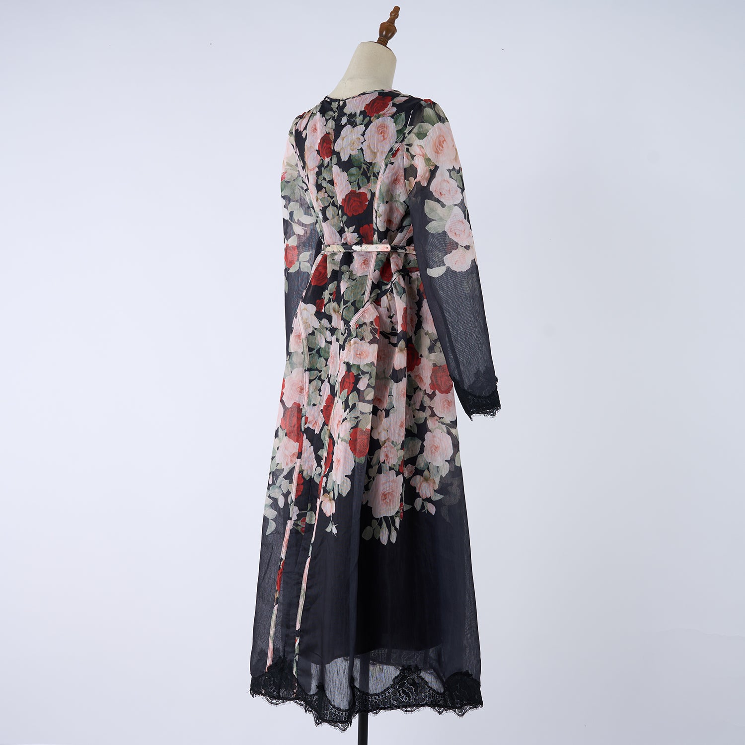 Women's Crew-Neck Floral Lace Rhinestone Belted Long-Sleeve A-Line Maxi Dress
