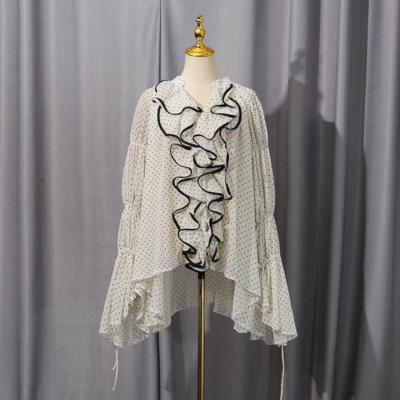 Women’s White Polka Dot Ruffle Tie Neck Blouse
