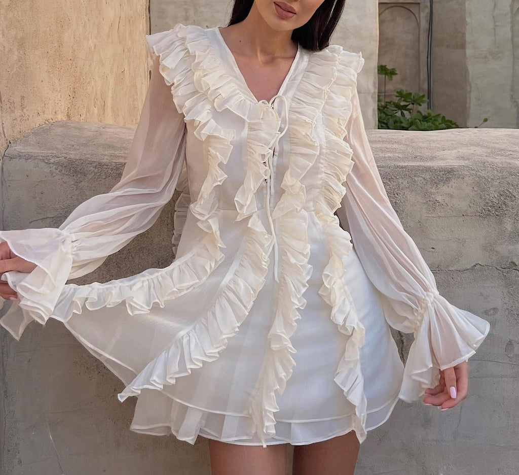 Women's V-Neck Lace Ruffle Ruched Long-Sleeve Mini Dress