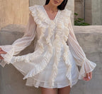 Women's V-Neck Lace Ruffle Ruched Long-Sleeve Mini Dress
