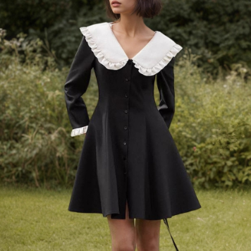 Women's Black White Contrast Color Doll Collar Short Elegant Dress