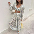 Women's Ruffled Floral Blouse Pants Flare Sleeve Tie Neck Long Sleeve