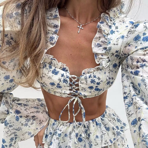 Ruffled Floral Blouse Pants Flare Sleeve Tie Neck Long Sleeve Short Top Elastic