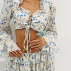 Women's Ruffled Floral Blouse Pants Flare Sleeve Tie Neck Long Sleeve