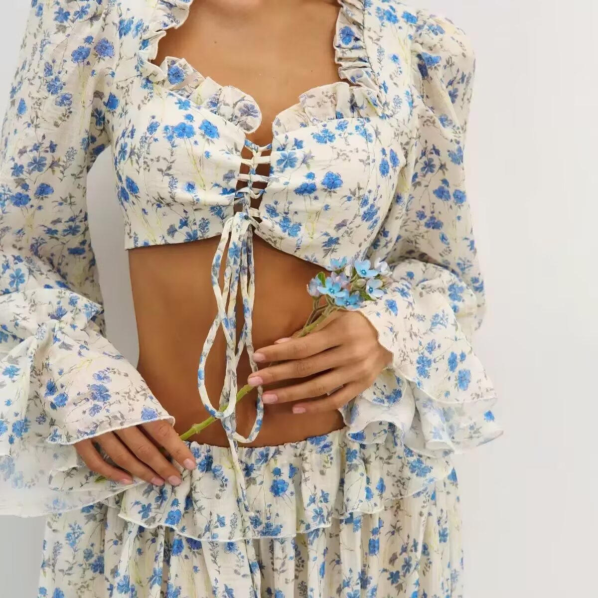 Women's Ruffled Floral Blouse Pants Flare Sleeve Tie Neck Long Sleeve