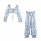 Women's Ruffled Floral Blouse Pants Flare Sleeve Tie Neck Long Sleeve