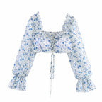 Women's Ruffled Floral Blouse Pants Flare Sleeve Tie Neck Long Sleeve