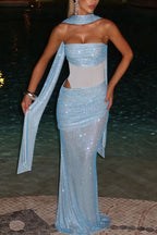Women's Strapless Sequin Asymmetric Bodycon Maxi Dress