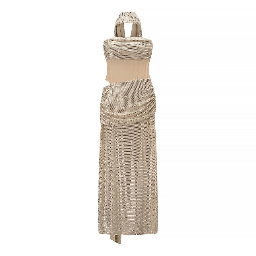 Women's Strapless Sequin Asymmetric Bodycon Maxi Dress