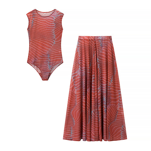 Summer Women Clothing Sexy Slim Fit Slimming Sleeveless Striped Skirt Set