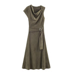Suede Cowl-Neck Belted Asymmetric Mini Dress