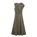 Suede Cowl-Neck Belted Asymmetric Mini Dress