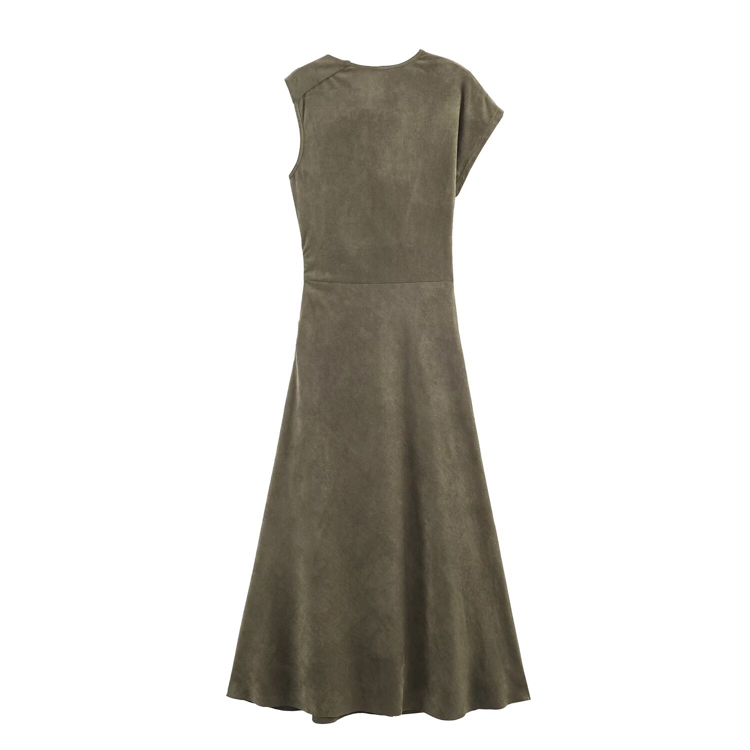 Suede Cowl-Neck Belted Asymmetric Mini Dress