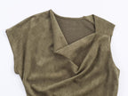 Suede Cowl-Neck Belted Asymmetric Mini Dress