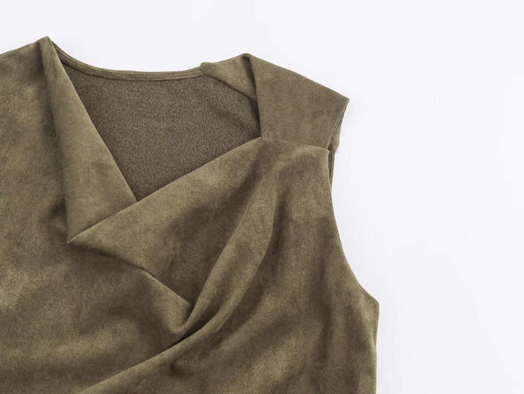 Suede Cowl-Neck Belted Asymmetric Mini Dress