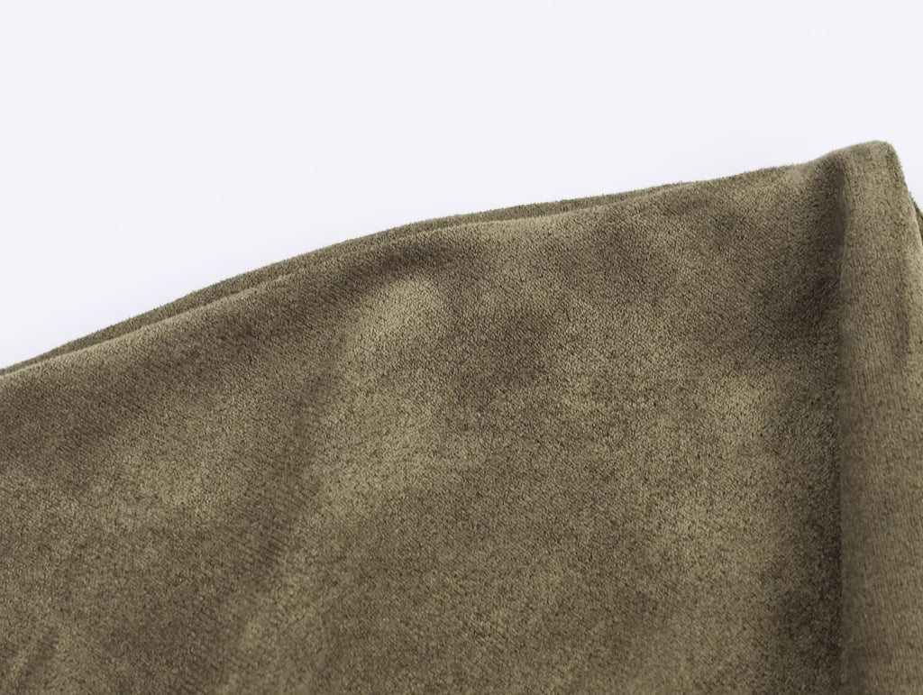 Suede Cowl-Neck Belted Asymmetric Mini Dress