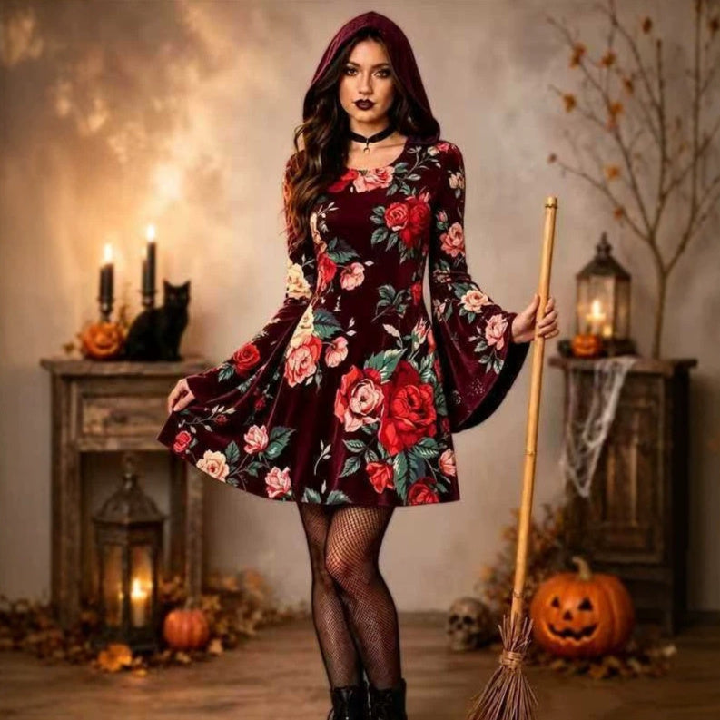 Women's black floral hooded mini dress
