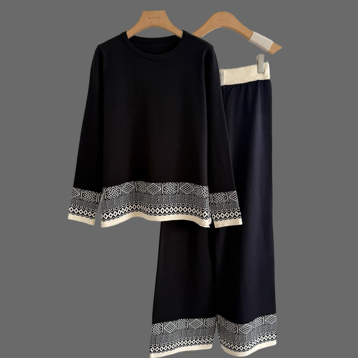 Women's Spring And Autumn Knitted Casual Top And Wide Leg Pants Two