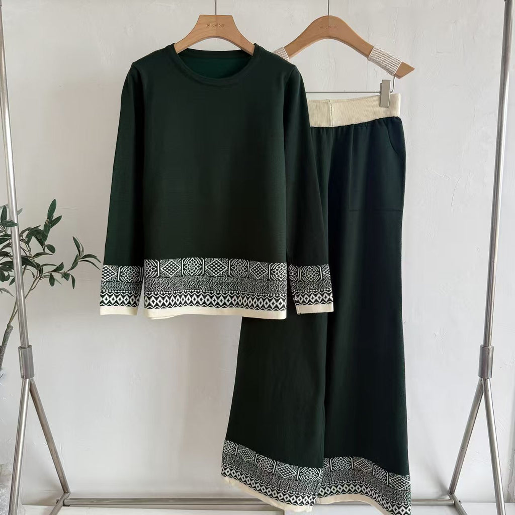Women's Spring And Autumn Knitted Casual Top And Wide Leg Pants Two