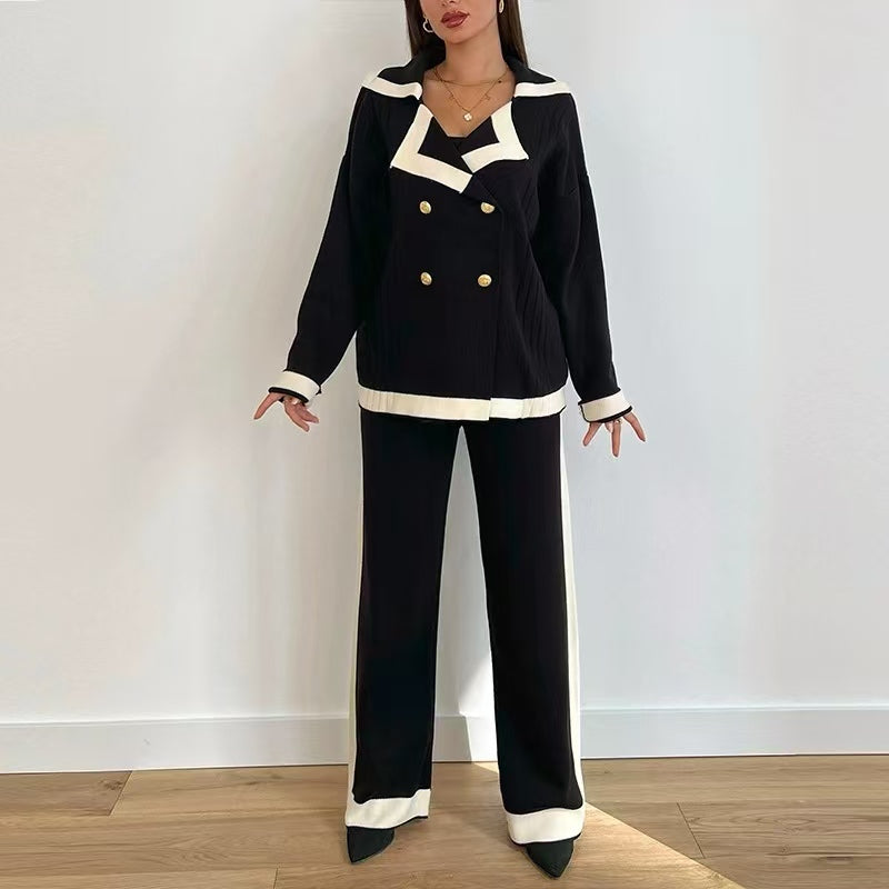 Women's Spring Autumn Knitted Casual Collar Pants Knitted Two Piece Set
