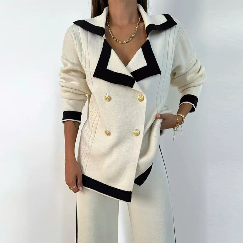 Women's Spring Autumn Knitted Casual Collar Pants Knitted Two Piece Set