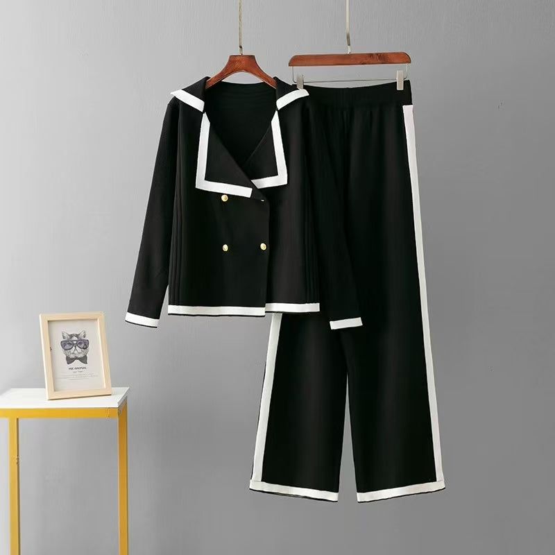 Women's Spring Autumn Knitted Casual Collar Pants Knitted Two Piece Set