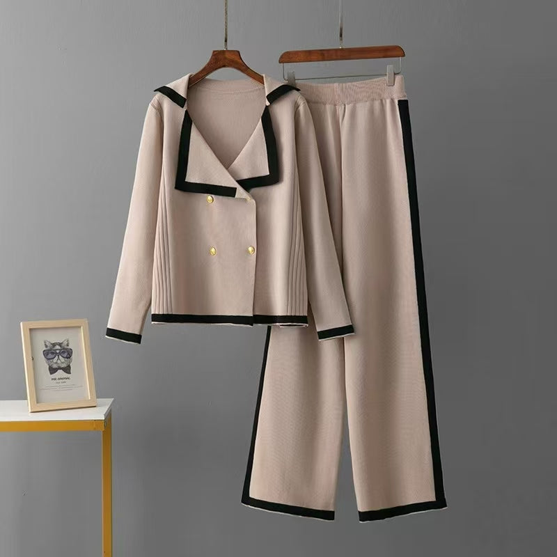 Women's Spring Autumn Knitted Casual Collar Pants Knitted Two Piece Set