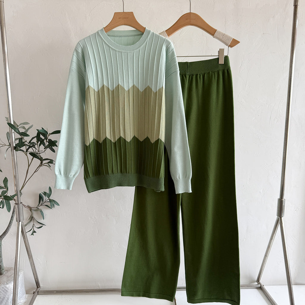 Women's Color Block Round Neck Long Sleeved Knit Top High Waisted