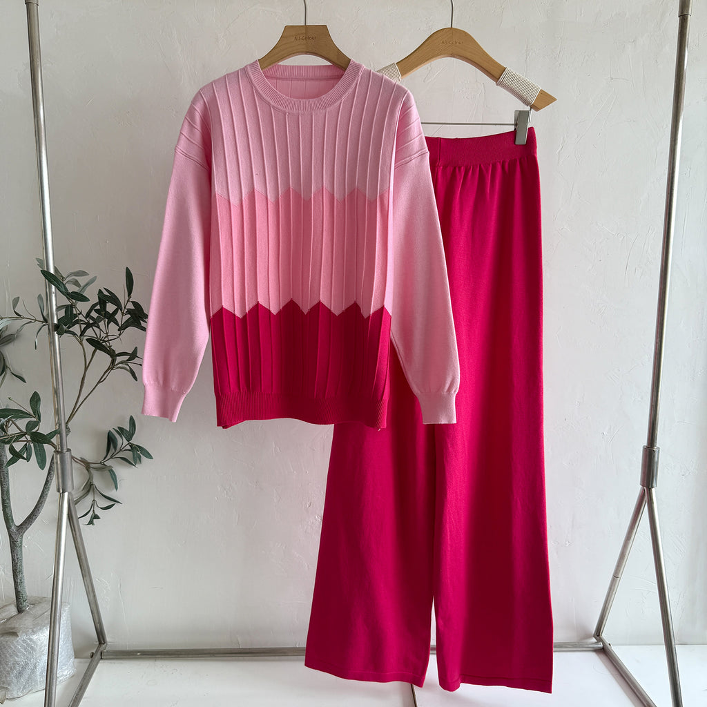 Women's Color Block Round Neck Long Sleeved Knit Top High Waisted