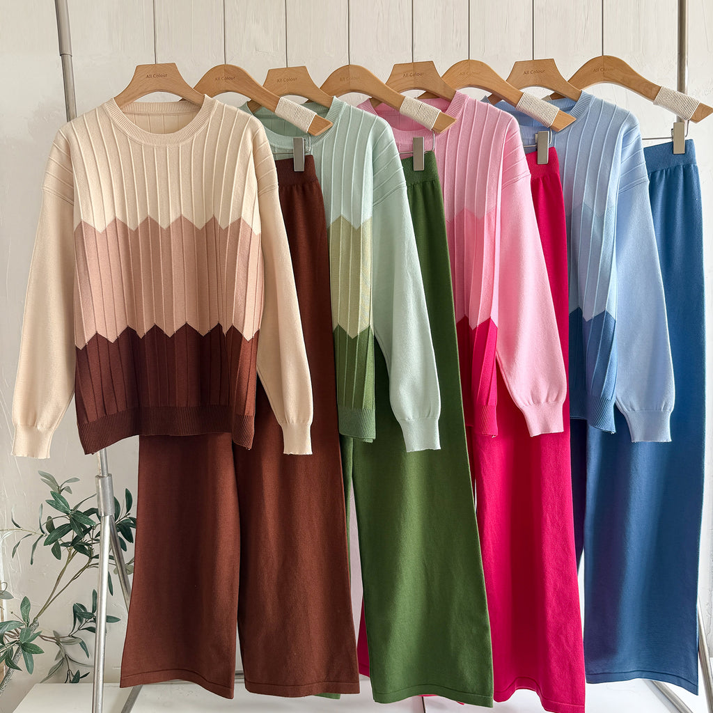 Women's Color Block Round Neck Long Sleeved Knit Top High Waisted