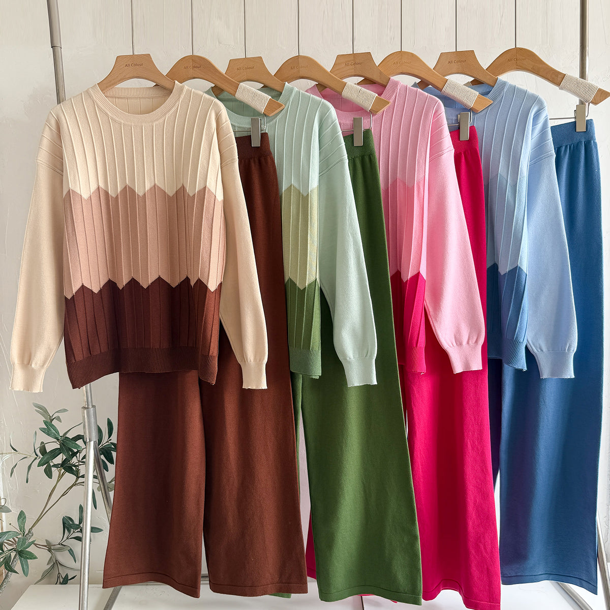 Women's Color Block Round Neck Long Sleeved Knit Top High Waisted