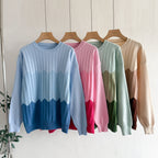 Women's Color Block Round Neck Long Sleeved Knit Top High Waisted