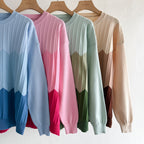 Women's Color Block Round Neck Long Sleeved Knit Top High Waisted