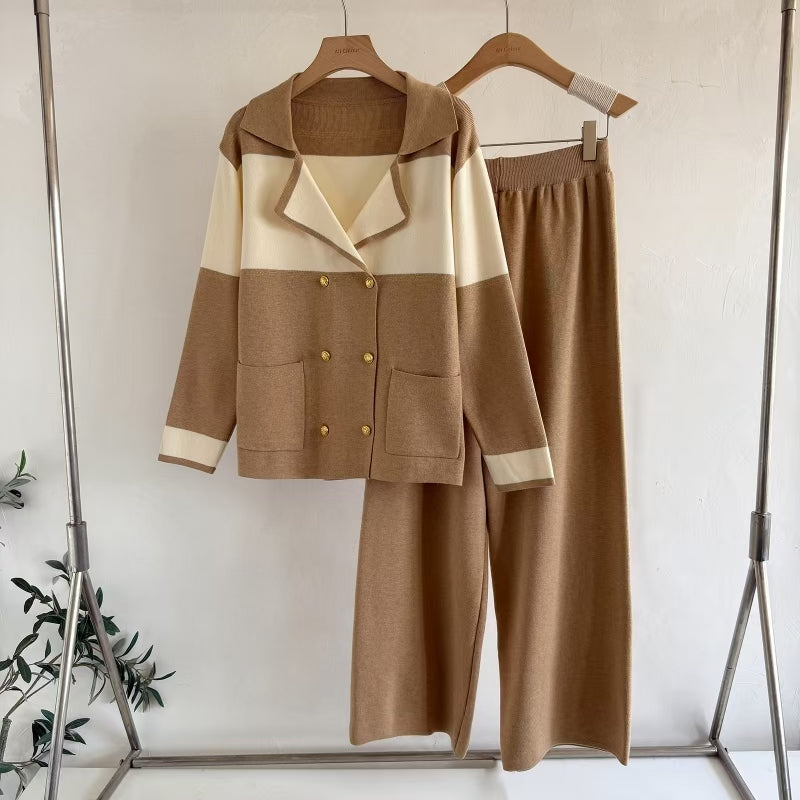 Women's Spring Autumn Knitted Double Button Casual Two Piece Set