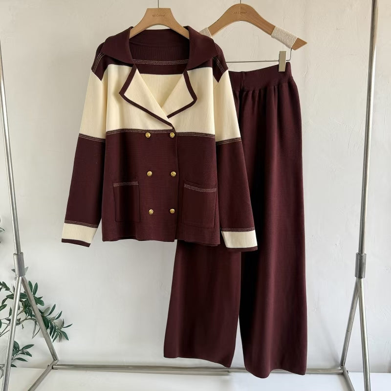 Women's Spring Autumn Knitted Double Button Casual Two Piece Set