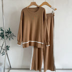 Women's Spring Autumn Long Sleeved Knitted Wide Leg Pants Set