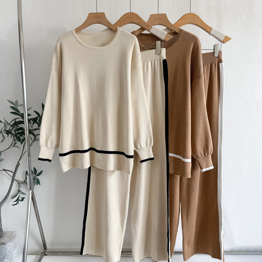 Women's Spring Autumn Long Sleeved Knitted Wide Leg Pants Set
