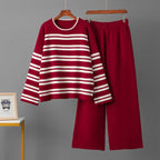 Women's Spring And Autumn Stripe Knitted Casual Top And Wide Leg Pants