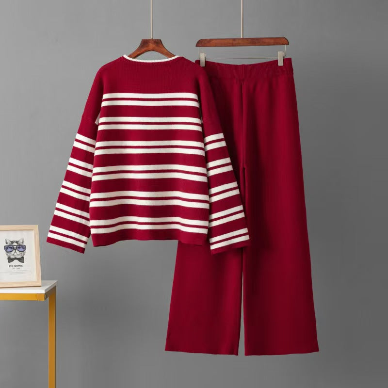 Women's Spring And Autumn Stripe Knitted Casual Top And Wide Leg Pants