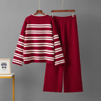 Women's Spring And Autumn Stripe Knitted Casual Top And Wide Leg Pants