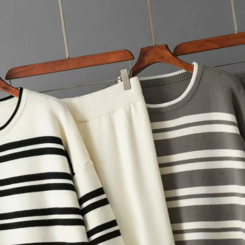 Women's Spring And Autumn Stripe Knitted Casual Top And Wide Leg Pants