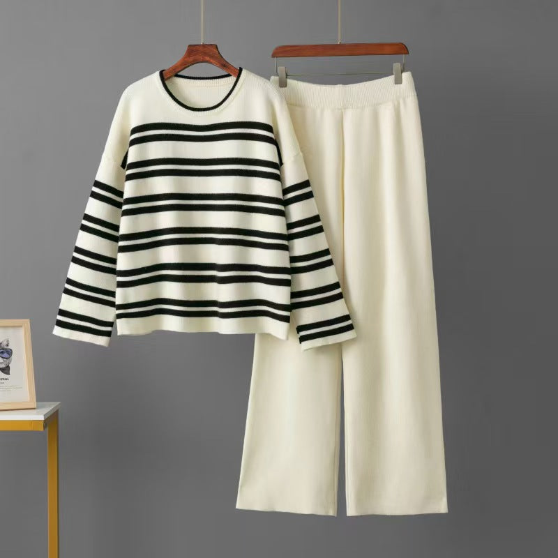 Women's Spring And Autumn Stripe Knitted Casual Top And Wide Leg Pants