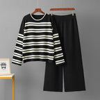 Women's Spring And Autumn Stripe Knitted Casual Top And Wide Leg Pants